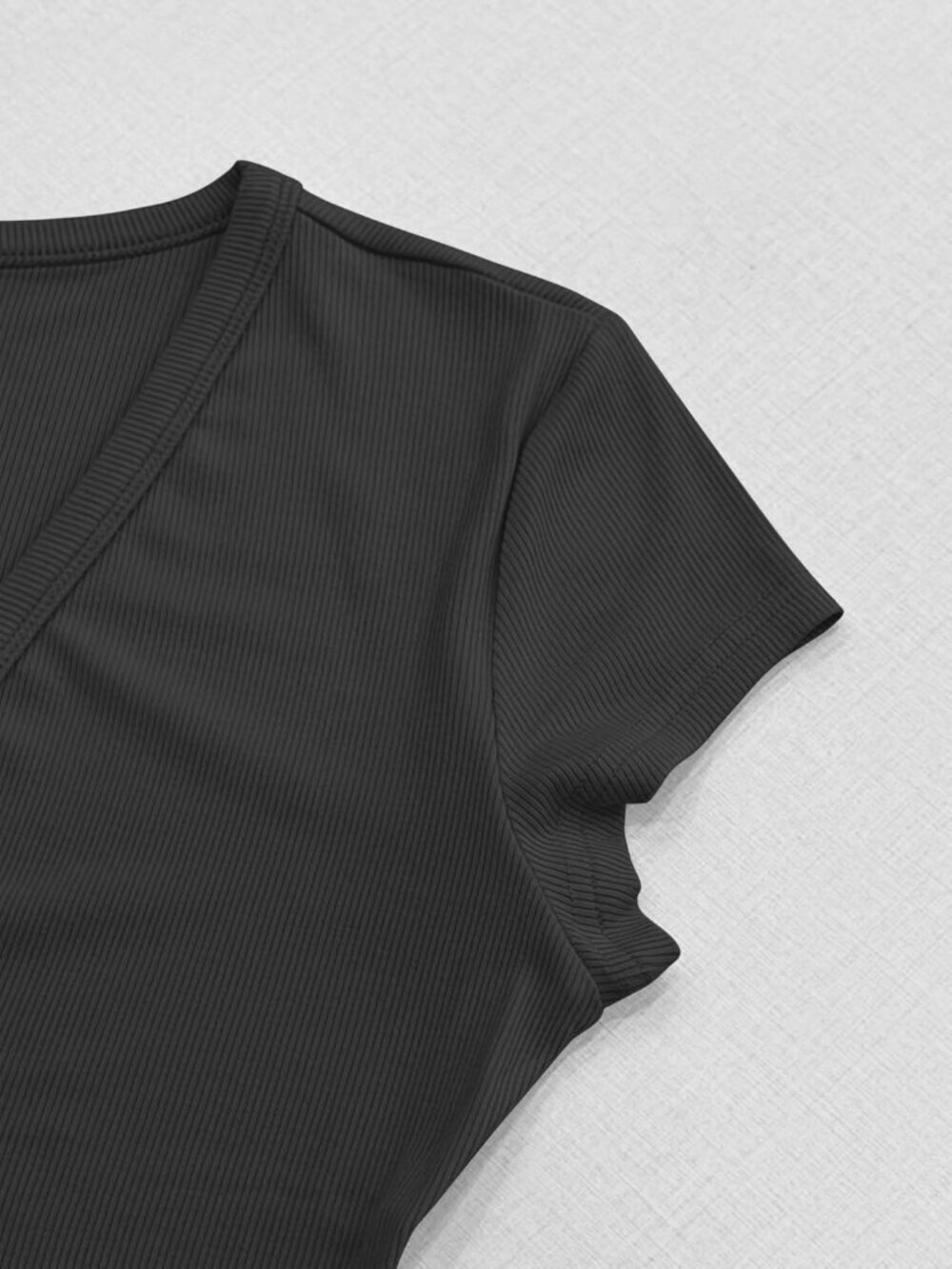 Women's Black Ribbed Casual Knit Slim Fit Summer Short Sleeve T Shirt Cap V Neck - Picture 5 of 6